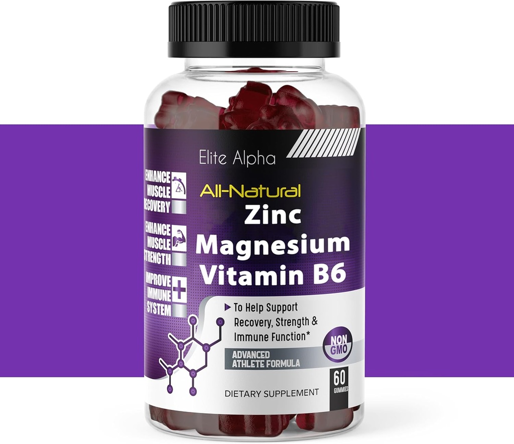 Zinc+Magnesium+ Vitamina B6 Max Strength Gummies - Potent All-Natural Zinc, Magnesium, B6 para Immune Support y Muscle Energy & Recovery