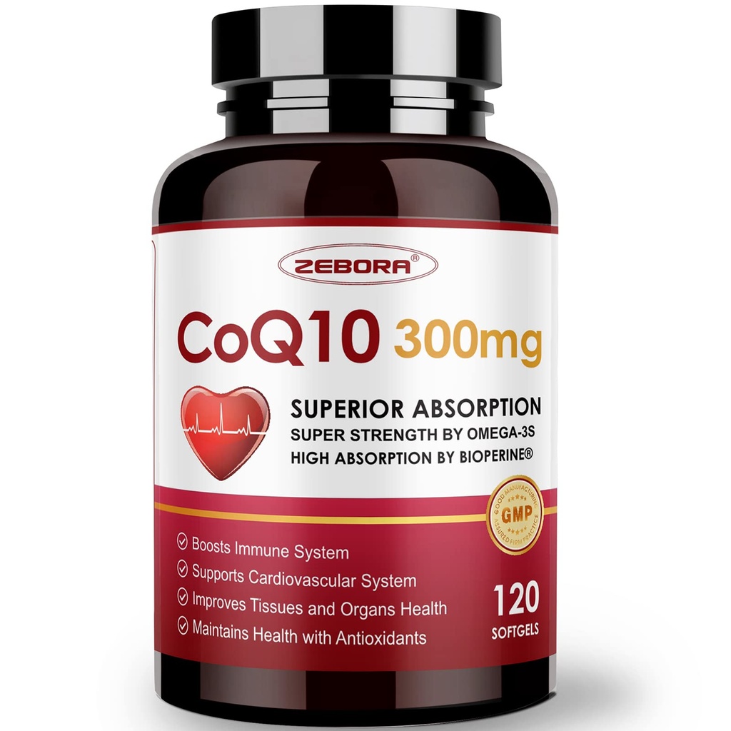 ZEBORA CoQ10-300mg-Softgels con PQQ, BioPerine &amp; Omega-3, 120 Servidores Coenzyme Q10 (Ubiquinona) Suplemento para Alta Absorción, Potencial Antioxidante, Apoyo Corazón-Salud &amp; Energía-Producción