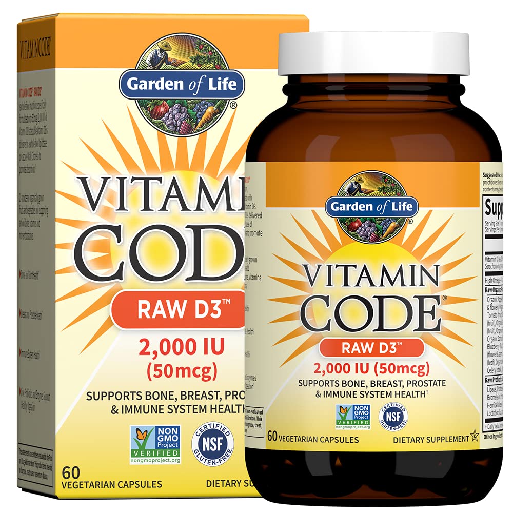 Garden of Life Vitamin D, Vitamin Code Raw D3, Vitamina D 2,000 UI, Raw Whole Food D3 Suplementos con Clorella, Frutas, verduras y probióticos para la salud ósea, 60 cápsulas vegetarianas