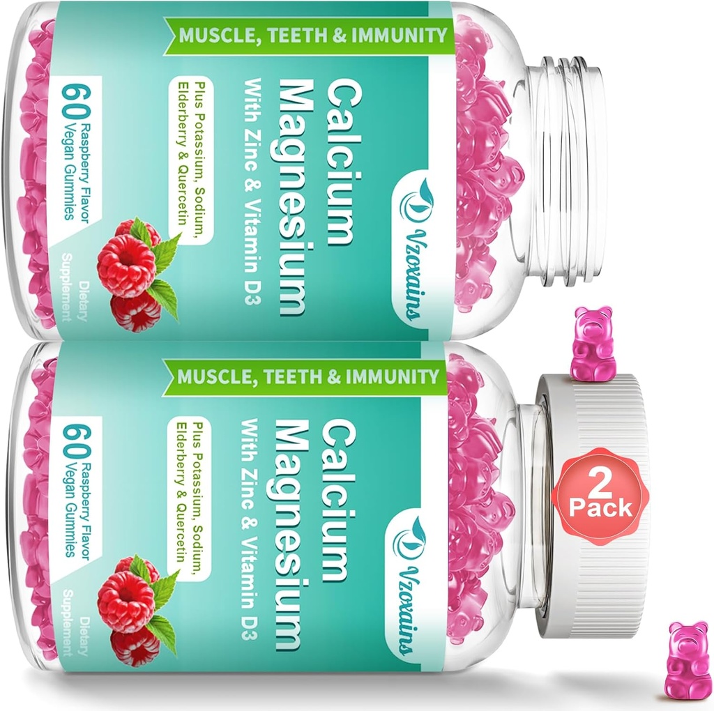 Alta Absorción Calcio Gummies, Calcio Magnesio Zinc con Magnesio Glycinate, Potasio, Vitamina D3 para Hombres - Raspberry Flavored 120 Cts