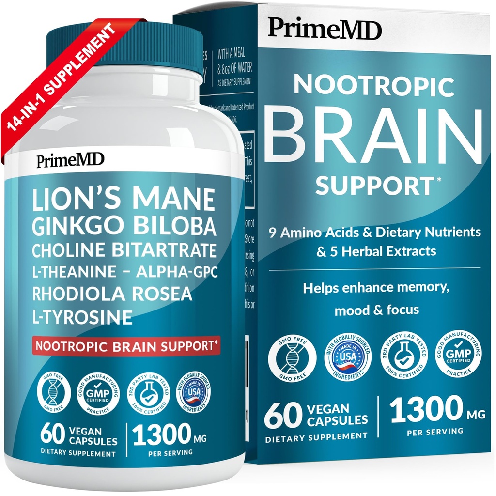14-in-1 Lions Mane Supplement Capsules - Suplemento Nootropic Brain con Ginkgo Biloba para soporte cerebral, memoria y foco - Alpha GPC, L Theanine & Choline Suplementos con 1300mg Por Serving (60 ct)