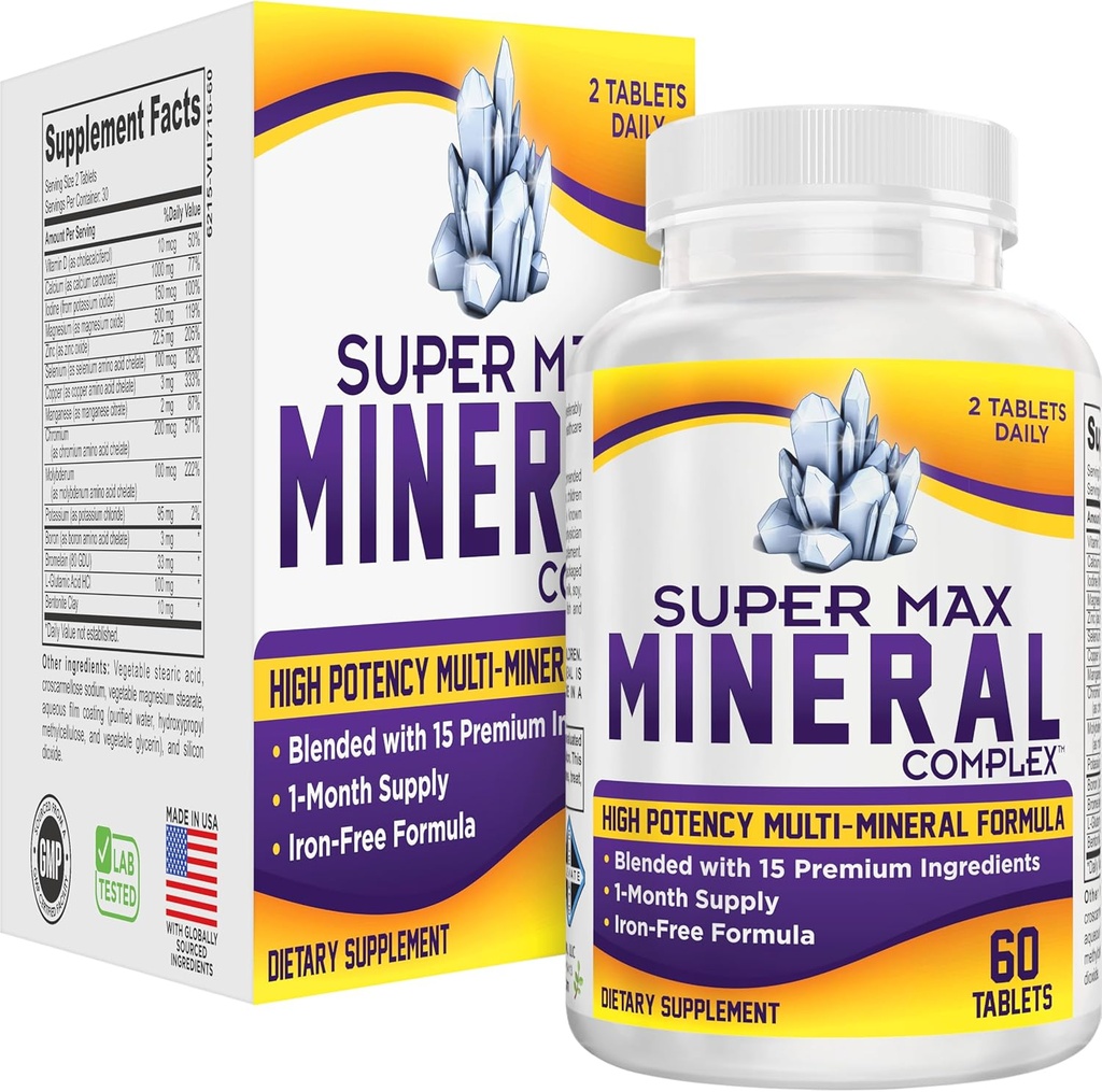 Super-MAX Multimineral Supplement (Iron Free) Multiminerals ← Suplementos Multi Minerales de alta potencia (All-in-1) Minerales Fórmula  durable Mineral Complex ← 1-Month Supply ← 60 Tablets
