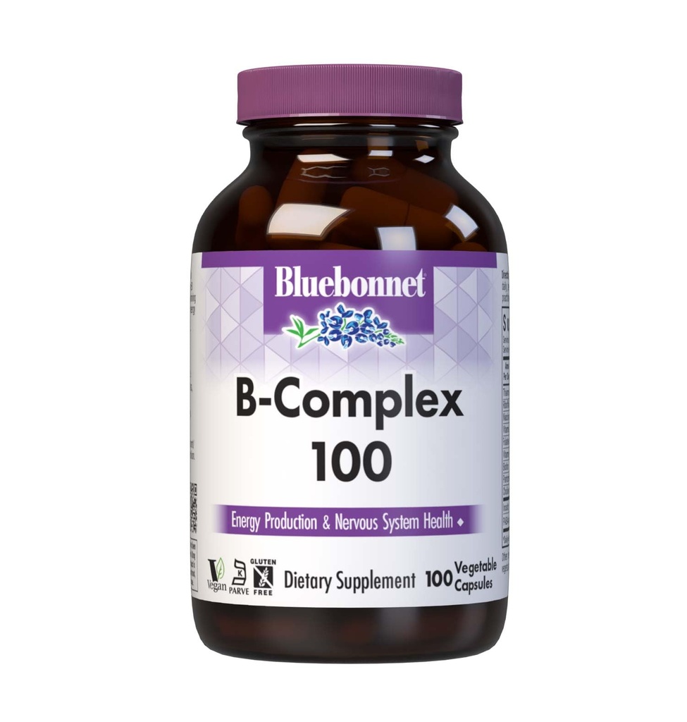 Complejo Bluebonnet Nutrition B, Espectrum completo completo, Vitamina B6, B12, Biotina, Folate, Vegan, Vegetariano, Gluten, Soy &amp; Milk Gratis, Kosher, 100 Cuenta