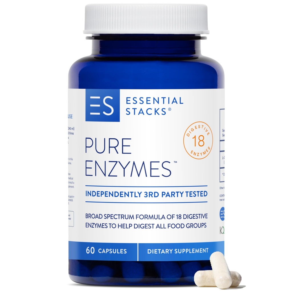 Esenciales Esenciales Cigüeñas Digestivas Puras (Gluten, Dairy &amp; Soy Gratis) - 18 Enzimas para la Digestión incl. Amylase, Lipase " Lactase - Vegetarian " Non-GMO (60 cápsulas)