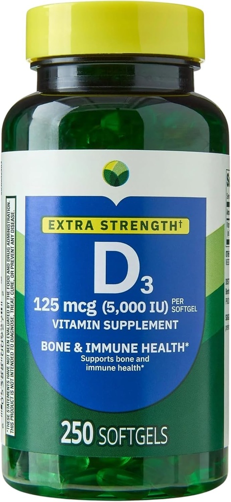 H4U Extra Strength Vitamin D3 5000 IU (125 mcg) Softgels ← Soportes Bone, Teeth &amp; Immune Health ← High Potency Sunshine Vitamin TEN Easy-to-Swallow Supplement tención 250 Count