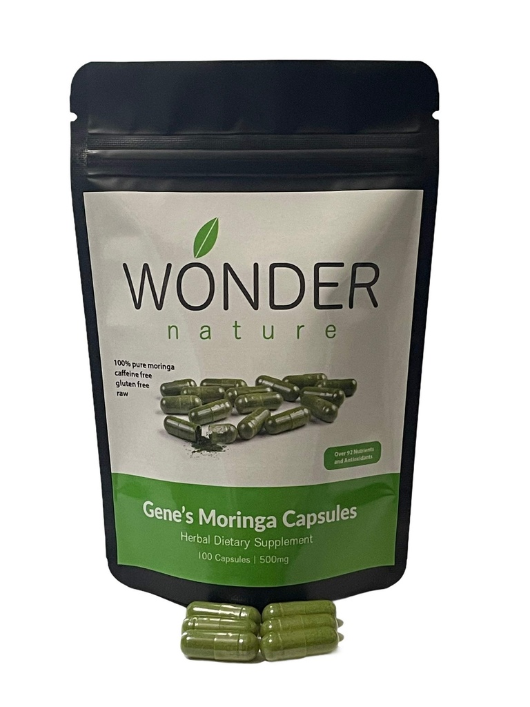 Gene's Moringa Fine Green Powder 100 Veg. Capsules, High Potency, Energy Focus and Alert, Incrementar Immune Systym