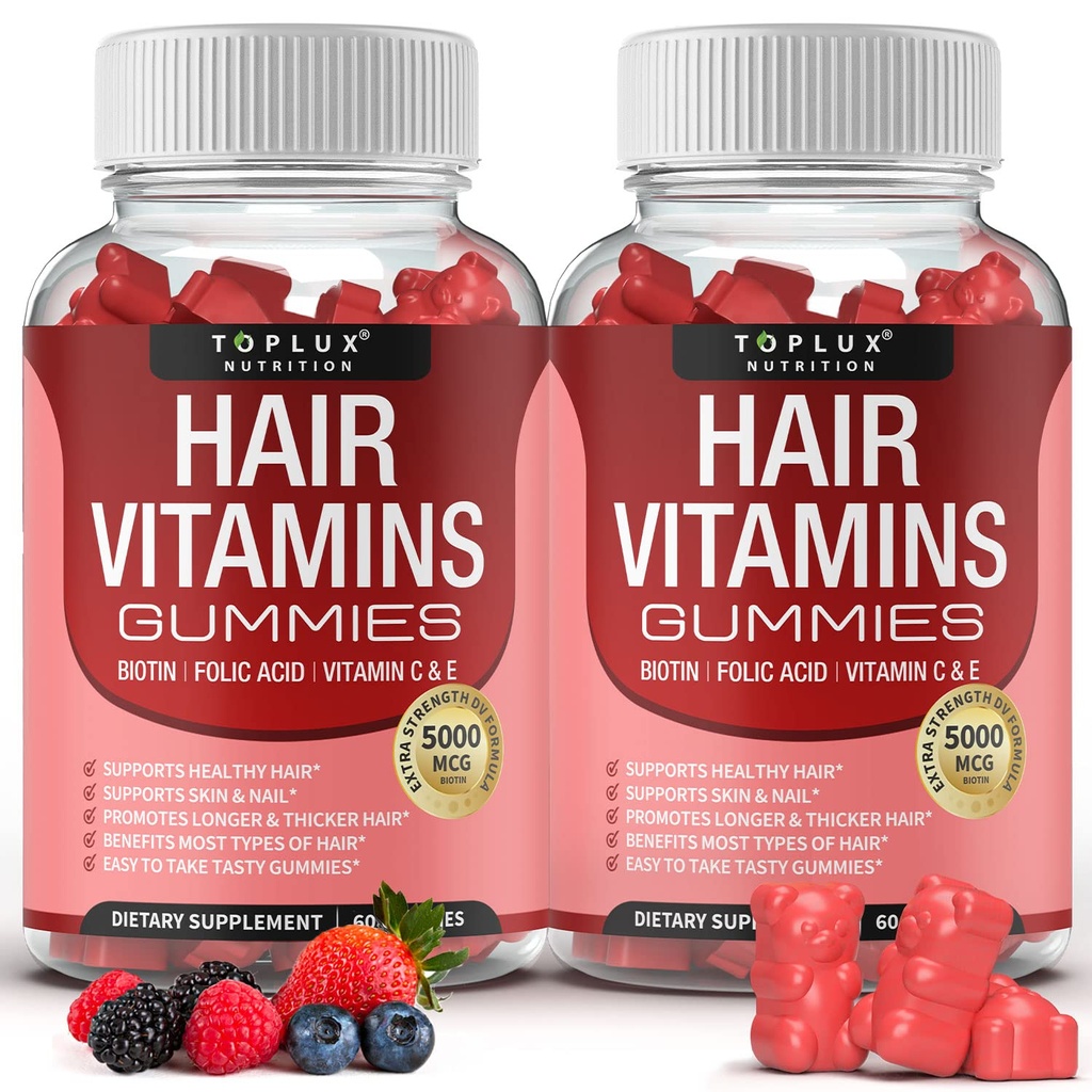 Suplemento de las vitaminas del pelo - Más rápido crecimiento del cabello Gummy 5000mcg Biotina, ácido fólico, vitamina C &amp; E, soporte más fuerte " cabello delgado, piel, uñas, no GMO, para hombres mujeres, 60 gomas saboreados de Berry