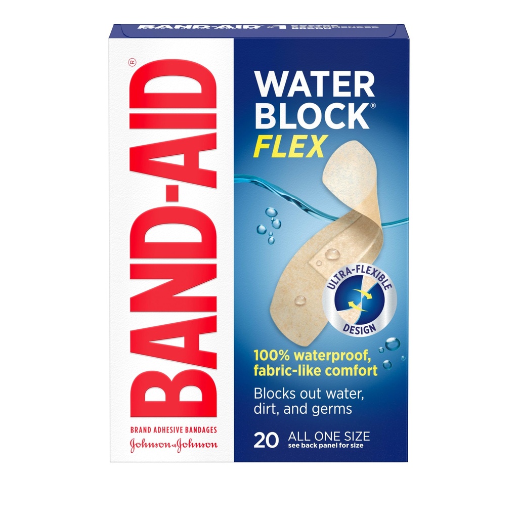 BAND-AID Brand Water Block Flex Adhesive Bandages, All One Size, 20 Count | 100% Waterproof Protection, Sterile Wound Care for Minor Cuts, Scrapes & Burns, For First Aid Kits, Ultra-Flexible Design