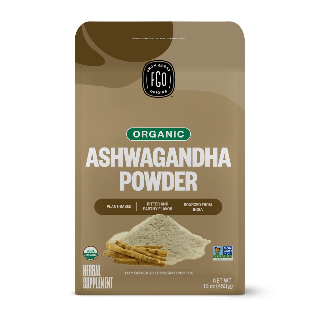 FGO Orgánica Ashwagandha Root Powder, bolsa de 16oz Resealable Bulk, No GMO, Ginseng indio, Withania Somnifera, Fuente de la India (Pack of 1)