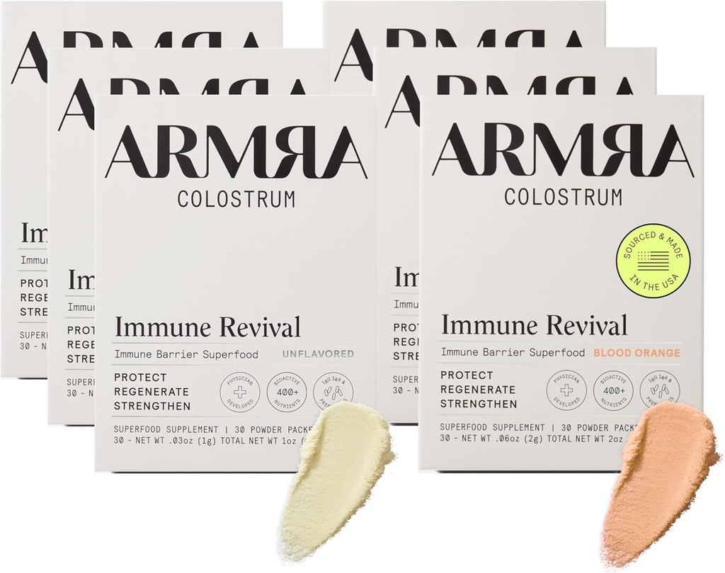 ARMRA ColostrumTM Premium Powder, Grass Fed, Gut Health Bloating Immunity Skin & Hair, Contains 400+ Bioactive Nutrients, Keto, Gluten & Fat Free (Unflavored, Blood Orange Bundle tención 180 Servings)