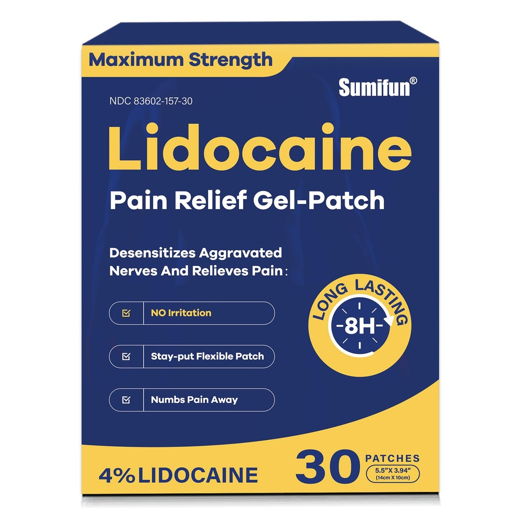 Sumifun 4% Lidocaine Pain Relief Patches 30 Conde Máximo Strength Numbing Gel Patch para atrás Knee Neck Mix Ache Muscle Soreness Topical Analgesic FSA o HSA Eligible
