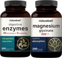 Magnesium Glycinate Capsules 500mg, 240 Conde - 100% Chelated & Purified  sometida Enzymes Digestivos con Prebióticos, 240 Veggie Capsules - 20 Enzyme & 5 Prebiótico Complejo pancreático