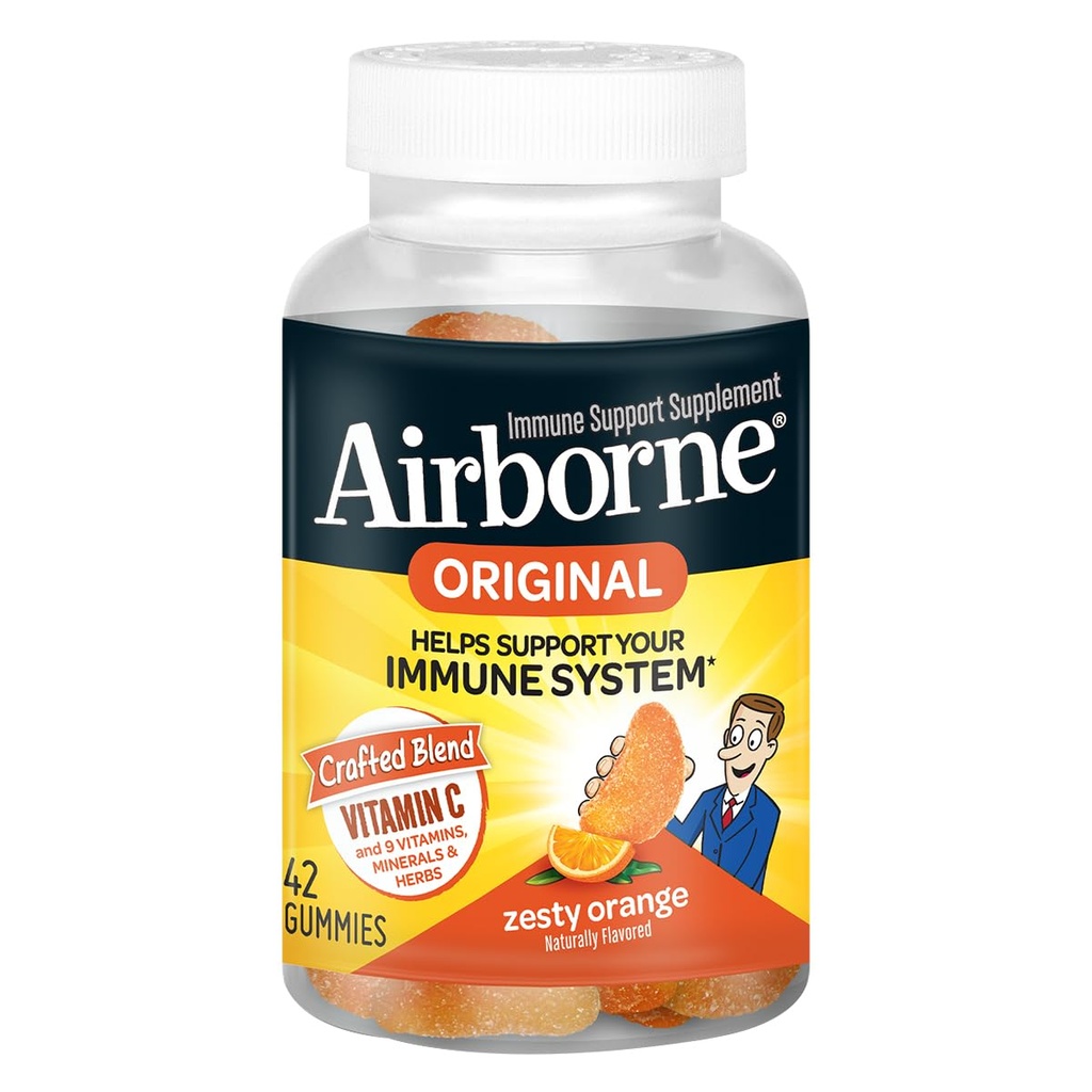 Airborne Vitamin C 750mg (por servicio) Zesty Orange Flavored Gummies (42 Cuenta en una botella), Gluten-Free Immune Support Suplemento con Vitaminas A C E, Selenium, Echinacea, Ginger, Antioxidante