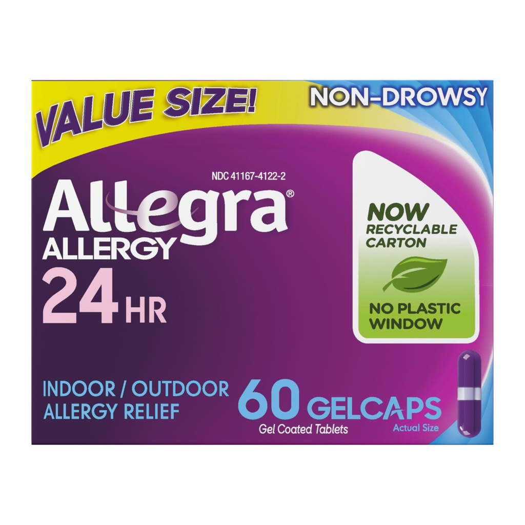 Allegra Adulto 24-Hour Alivio de Alergia Gelcaps, Indoor no Hornos y Alergia al aire libre Medicina, 180 mg Fexofenadine HCI Antihistamine Pill, 60-Count