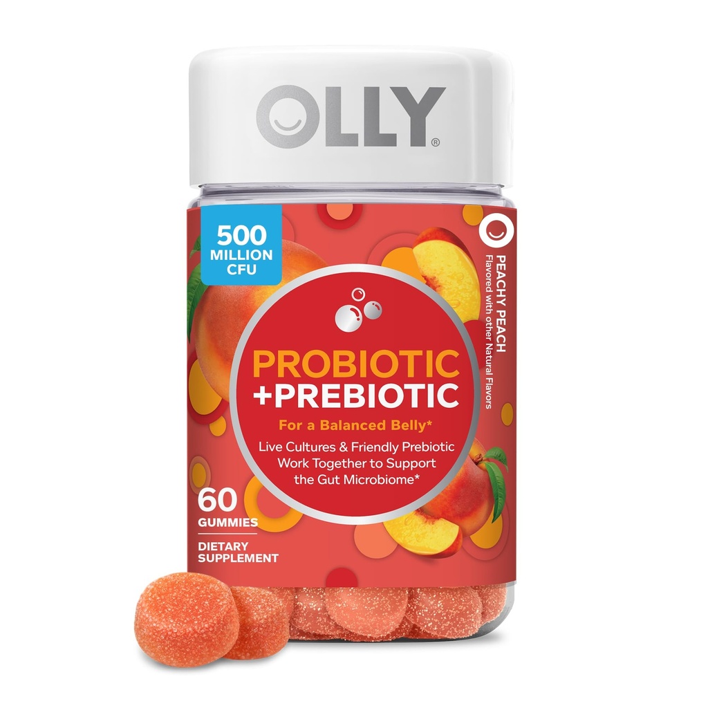 OLLY Probiotic + Prebiotic Gummy, Digestive Support and Gut Health, 500 Million CFUs, Fiber, Adult Chewable Suplemento para Hombres y Mujeres, Peach, 60 Day Supply - 60 Cuenta