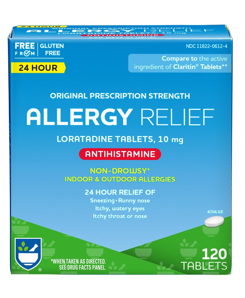 Rite Aid 24 Horas Loratadine 10 mg Alivio de la Alergia Tabletas, 10 mg - 120 Conteo Silencioso Píldoras de Alergia, Medicina