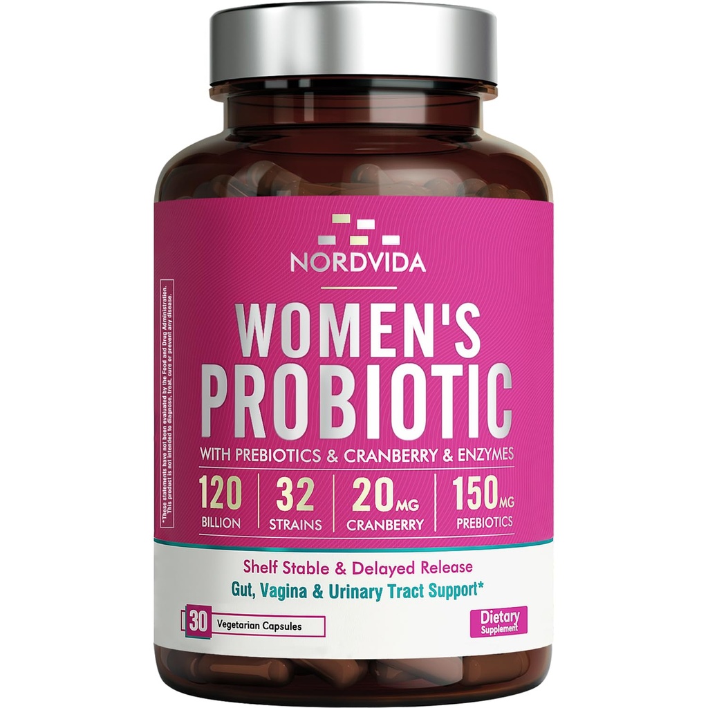 Probiótico femenino, 120 millones &amp; 32 Strains con Arándano, Prebióticos & Enzymes Digestivos, Gut, Vaginal & Urinary Tract Support, 30 cápsulas de liberación retrasada