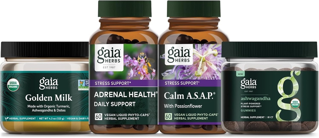 Gaia Herbs Kit de calma - Arenal Health Daily Support, Calm A.S.A.P., Ashwagandha Gummies, Golden Milk