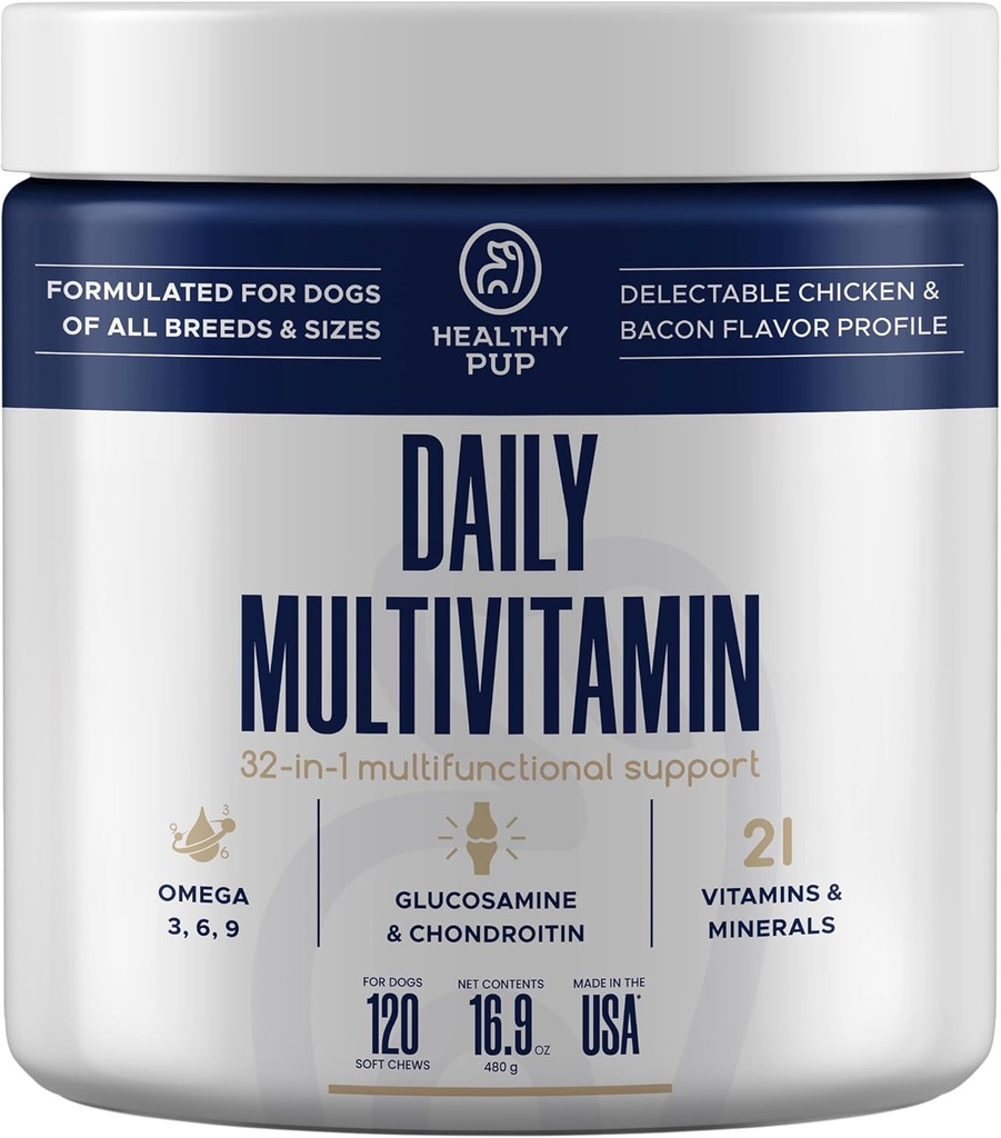 Suplemento multivitamínico para perros - 120 Vitaminas y Suplementos para perros de paja blanda con Omega, Probióticos, Glucosamina y Más - para perros pequeños, grandes y mayores