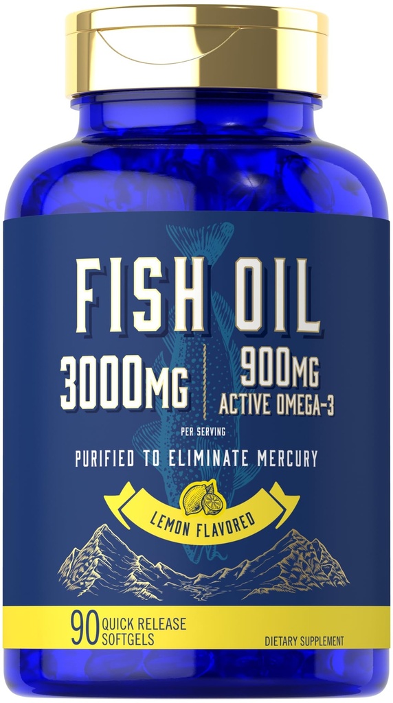 Carlyle Fish Oil 3000mg tención 900mg Omega 3 ← 90 Softgels  Lemon Flavor ← Non-GMO y Gluten Free Supplement
