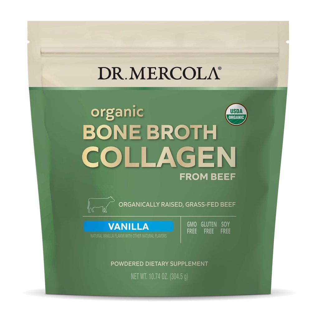 Dr. Mercola Orgánica Bone Broth Collagen Powder - Apoyo a la Salud Bone &amp; Crecimiento Musculo - USDA Organic, Non-GMO, Gluten-Free &amp; Dairy-Free - 30 Servimientos - Vanilla Flavor