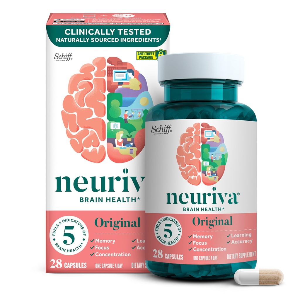 NEURIVA Original Decaffeinated Clinically Tested Nootropic Brain Supplement for Memory, Focus " Concentration, NeuroFactor " Phosphatidylserine, 28ct Capsules