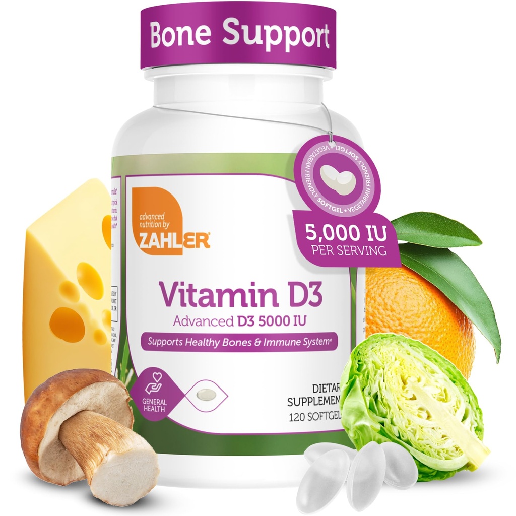 Zahler - Advanced Vitamin D3 5000 IU Softgels (120 Conde) Kosher Vegetarian Friendly Vitamin D for Immune Support, Bone, Teeth &amp; Muscle Health - Daily D3 Vitamin Supplement for Adults - Easy Swallow V