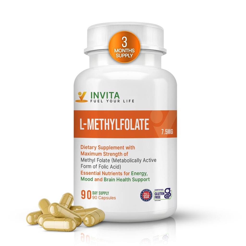 INVITA L-Methylfolate - Professional Strength Active Methyl Folate - 5-MTHF Supplement for Energy, Mood & Immune Support - Non GMO, Gluten Free, No Fillers (7,5 Mg)