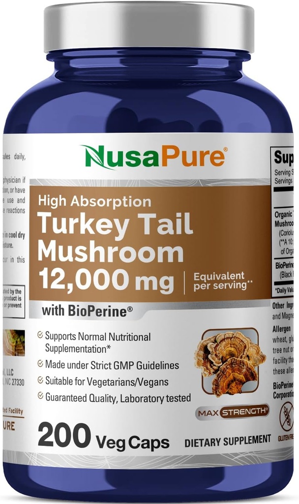 NusaPure Turquía Tail Mushroom Capsules, 10:1 Extracto, 1200 mg Equivalente a 12.000 mg, 200 Vcaps, Non-GMO, Gluten Free, Bioperine