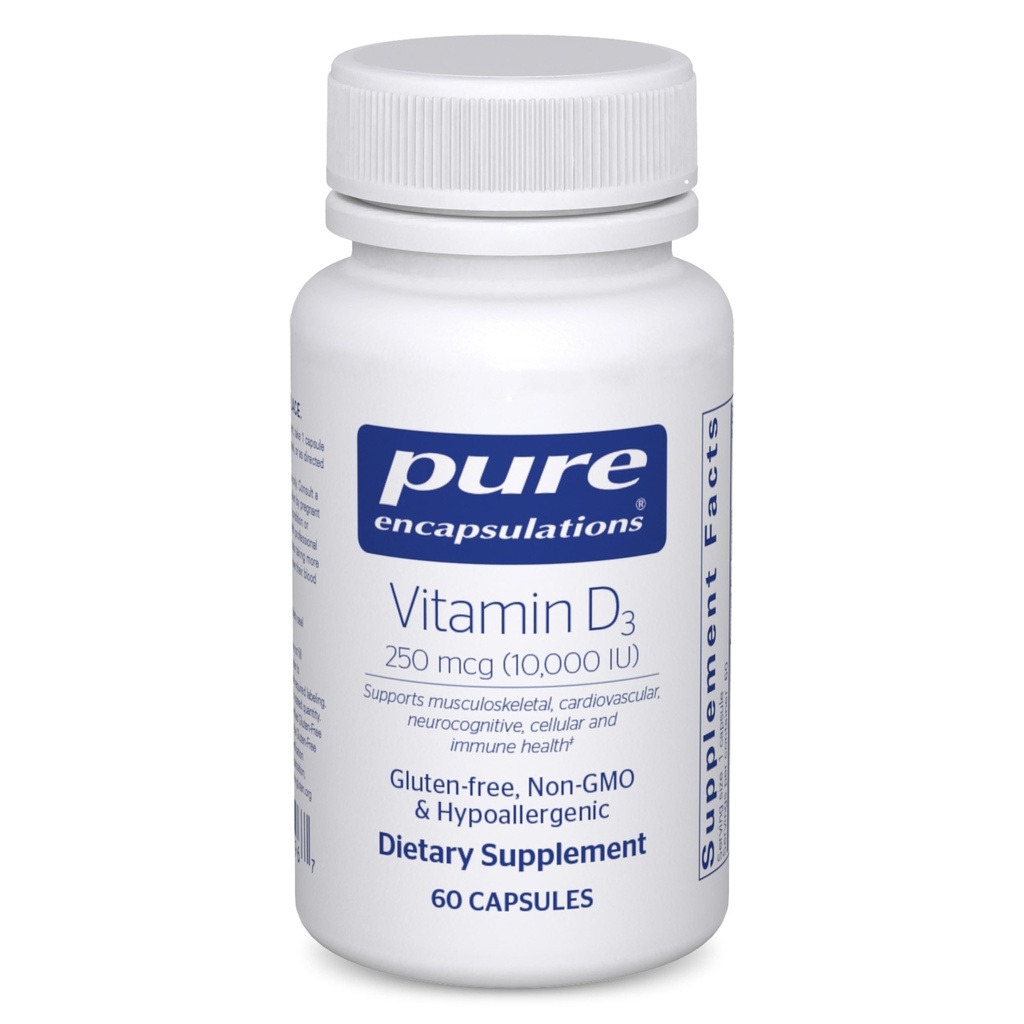 Encapsulaciones puras Vitamina D3 250 mcg (10.000 UI) - Suplemento de Bono de Apoyo, Conjunto, Breast, Corazón, Colon &amp; Immune Health - con Vitamina Premium D - 60 cápsulas