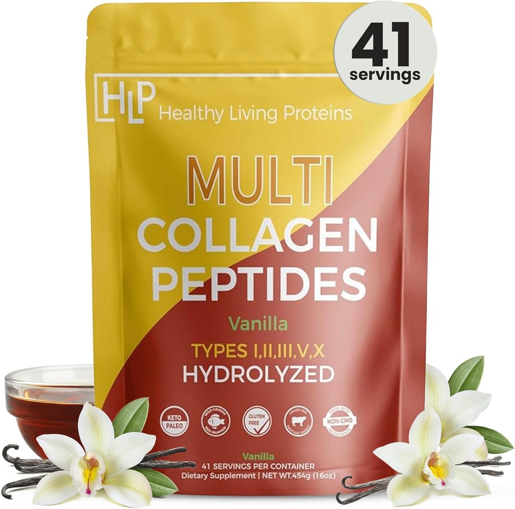 Proteínas vivas saludables - Péptidos multi colágeno hidrolizado Tipos de pólvora I, II, III, V &amp; X - Grass Fed Bovine, Wild Caught Marine, Free Range Chicken - Gluten Free (Vanilla, 16 oz)