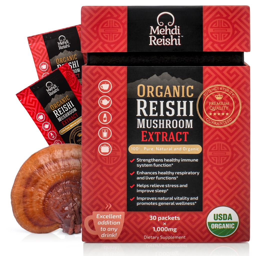 Orgánica Reishi Mushroom Extract Fruiting-Body Powder 35% Beta Glucan – 100% Pura, Premium y Orgánica – 30 Servings–Ganoderma Lucidum, Lingzhi, Tea