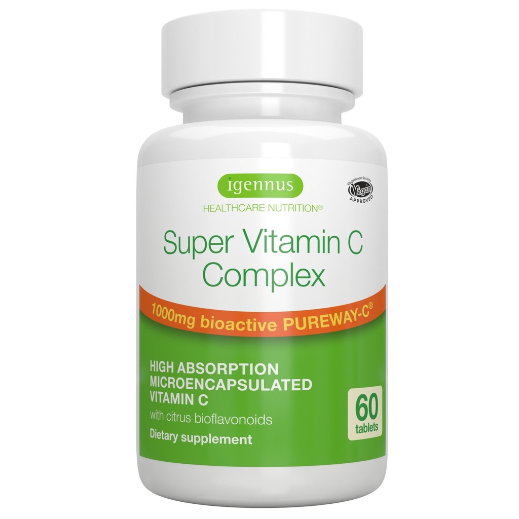 Igennus High Absorption Super Vitamin C, Clean Label Pureway-C 1000mg, Vegan Vitamina C con Bioflavonoids, 60 Servings, 24-Hour Action, Immune Health, Energy, Heart &amp; Brain