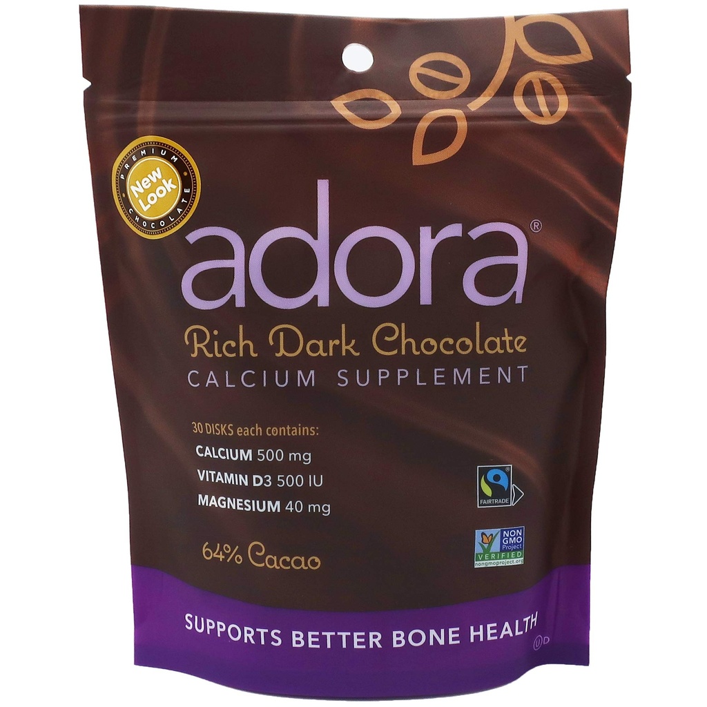 Adora Calcio Suplemento, Fairtrade Dark Chocolate, Single Pack - 30 ct