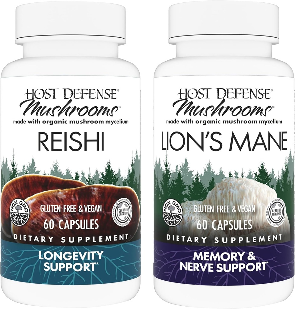 Host Defense Bundle con Reishi Capsules, 60 Conde & Lion's Mane Capsules, 60 Conde - Apoyo al Corazón & Immune Health - Apoyo a la salud cerebral, memoria & Focus*
