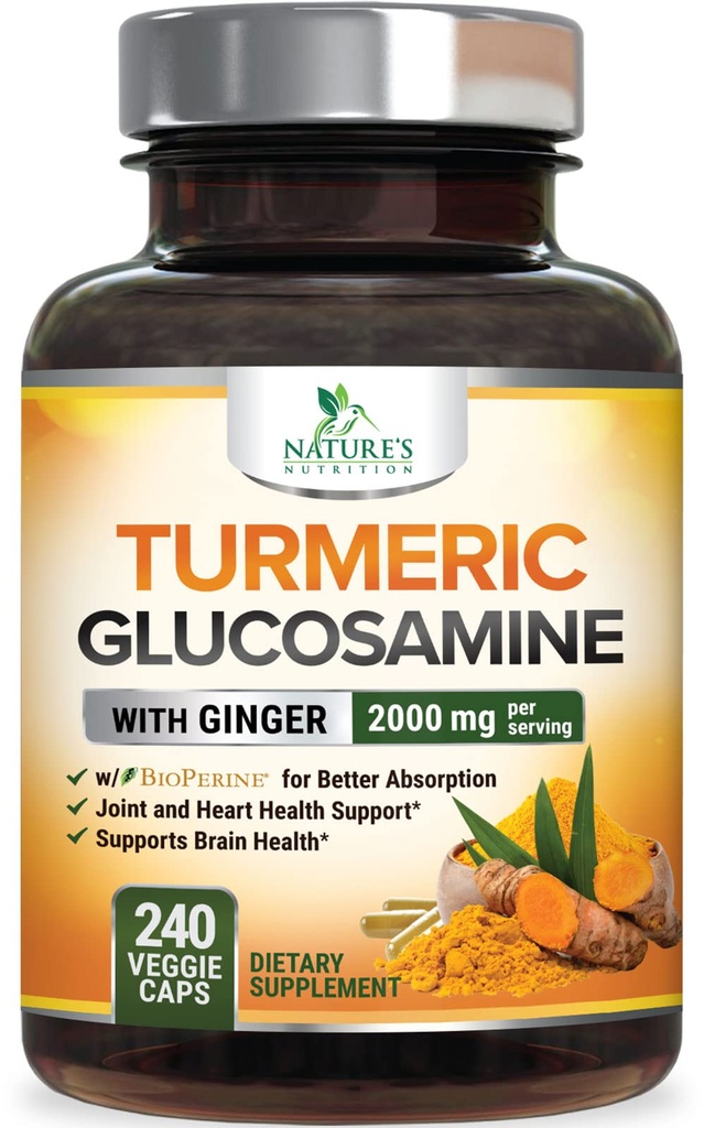 Curcumina Turmérica Suplemento 2000mg - 95% Curcuminoides con Glucosamina, Ginger &amp; MSM, BioPerine Black Pepper para la mejor absorción, Apoyo Conjunto Vegano de la Naturaleza, Non-GMO, Botellado en EE.UU. - 240 cápsulas