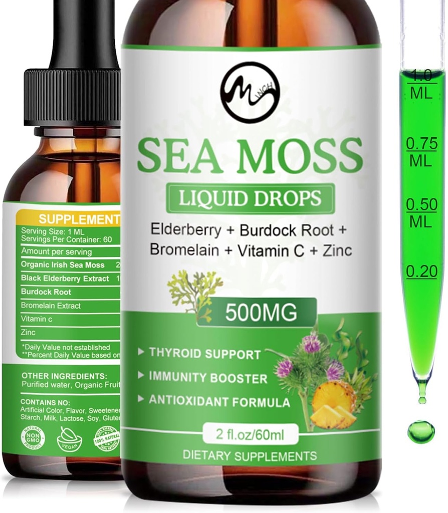 Mar Moss gotas líquidas - Irlandés Moss 2000mg con Elderberry, Burdock Root, Bromelain, Vitamina C y Zinc - 98 Minerales esenciales Seamoss Suplemento para Immune, Conjunto, Digestión, Apoyo al envejecimiento - 2oz