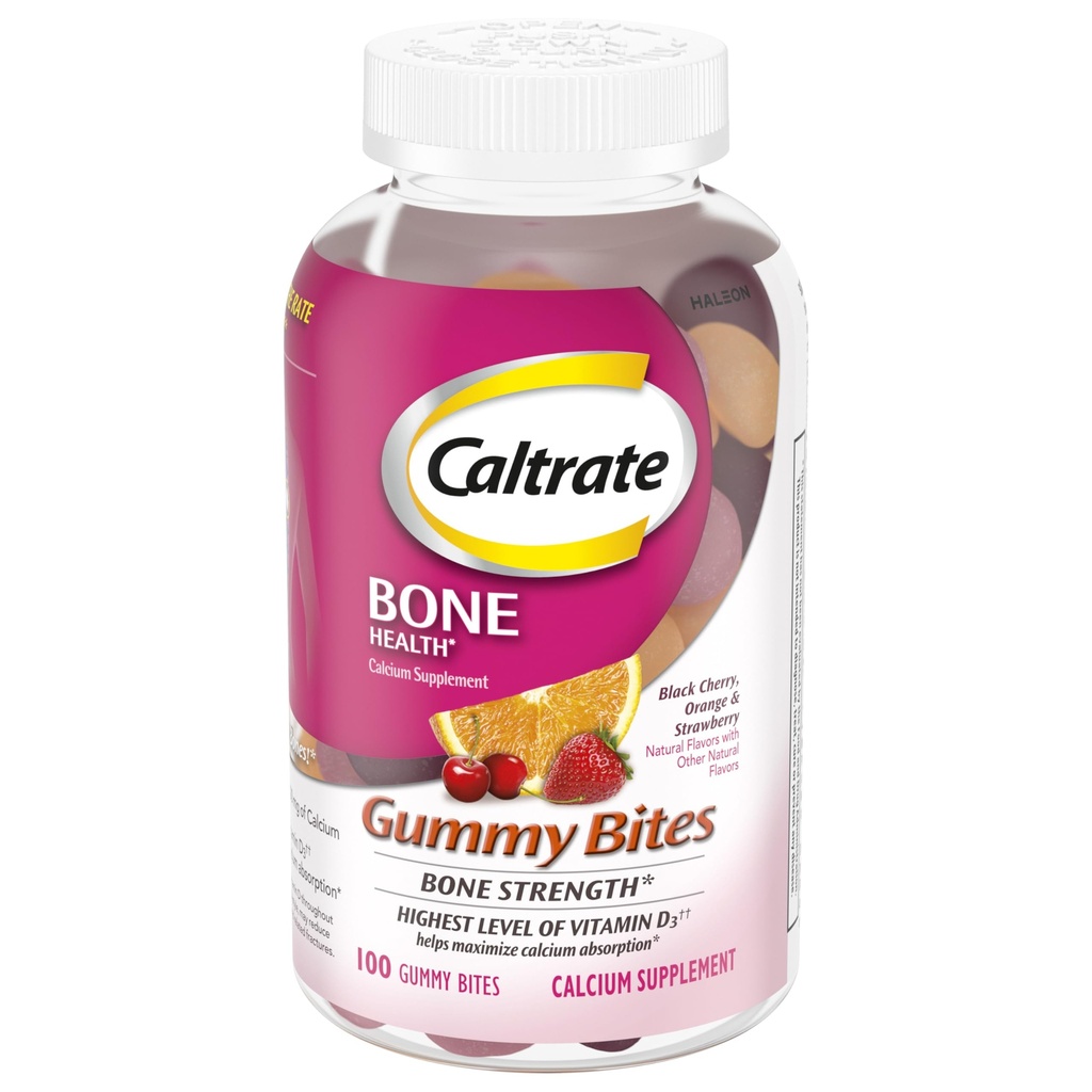 Caltrato Gummy Bites 500 mg Calcio y Vitamina D Suplemento, Cereza Negra, Fresa, Orange - 100 Conde