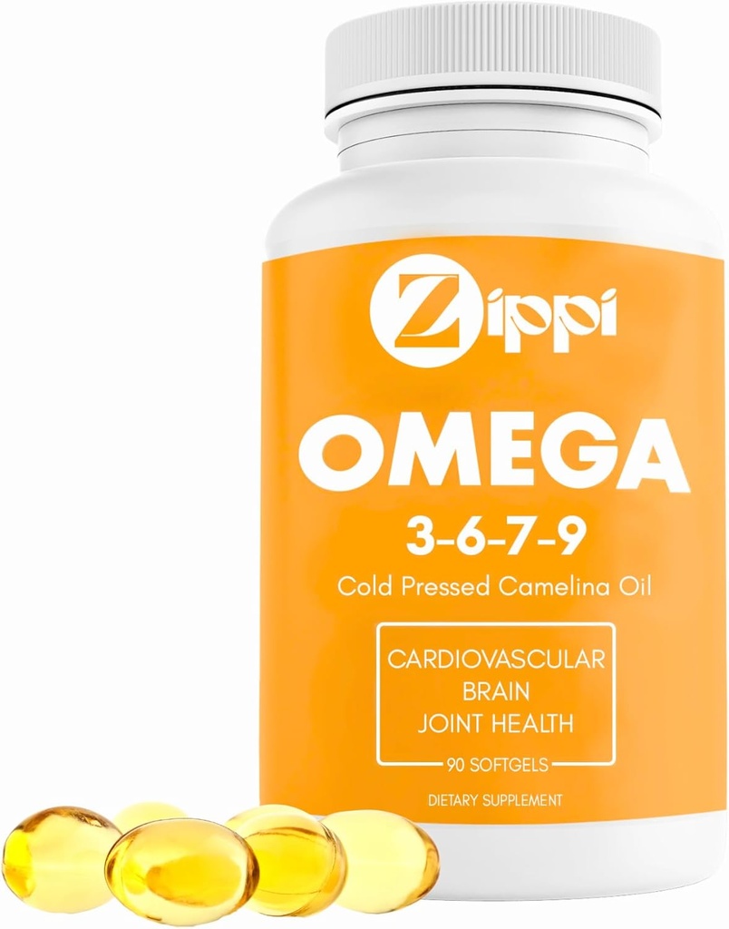 Zippi Omega 3-6-7-9 Camelina Softgels - Omega de base vegetal 3-6-7-9 Suplemento de ácido graso. Ayuda a apoyar el cerebro, el hígado, la cardiovascular, la inmunidad y la función conjunta