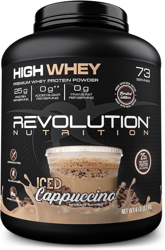 Revolution Nutrition, High Whey, Protein Powder 6LB, Whey Isolate, Gluten Free, Lean Muscle Mass for Men &amp; Women, 25g of Protein Per Scoop, 2.7kg, 73 Servings (Iced Cappuccino, 6 libras)