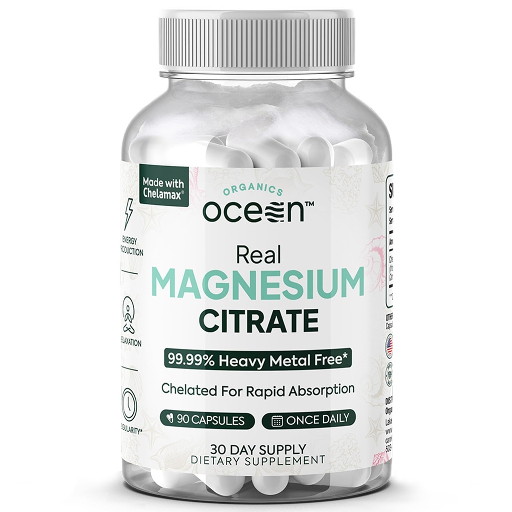 Orgánica Citrato de Magnesio Real Océano - Suplemento de Magnesio de alta absorción - Magnesio Chelatado para apoyar Energía, Relajación y Regularidad