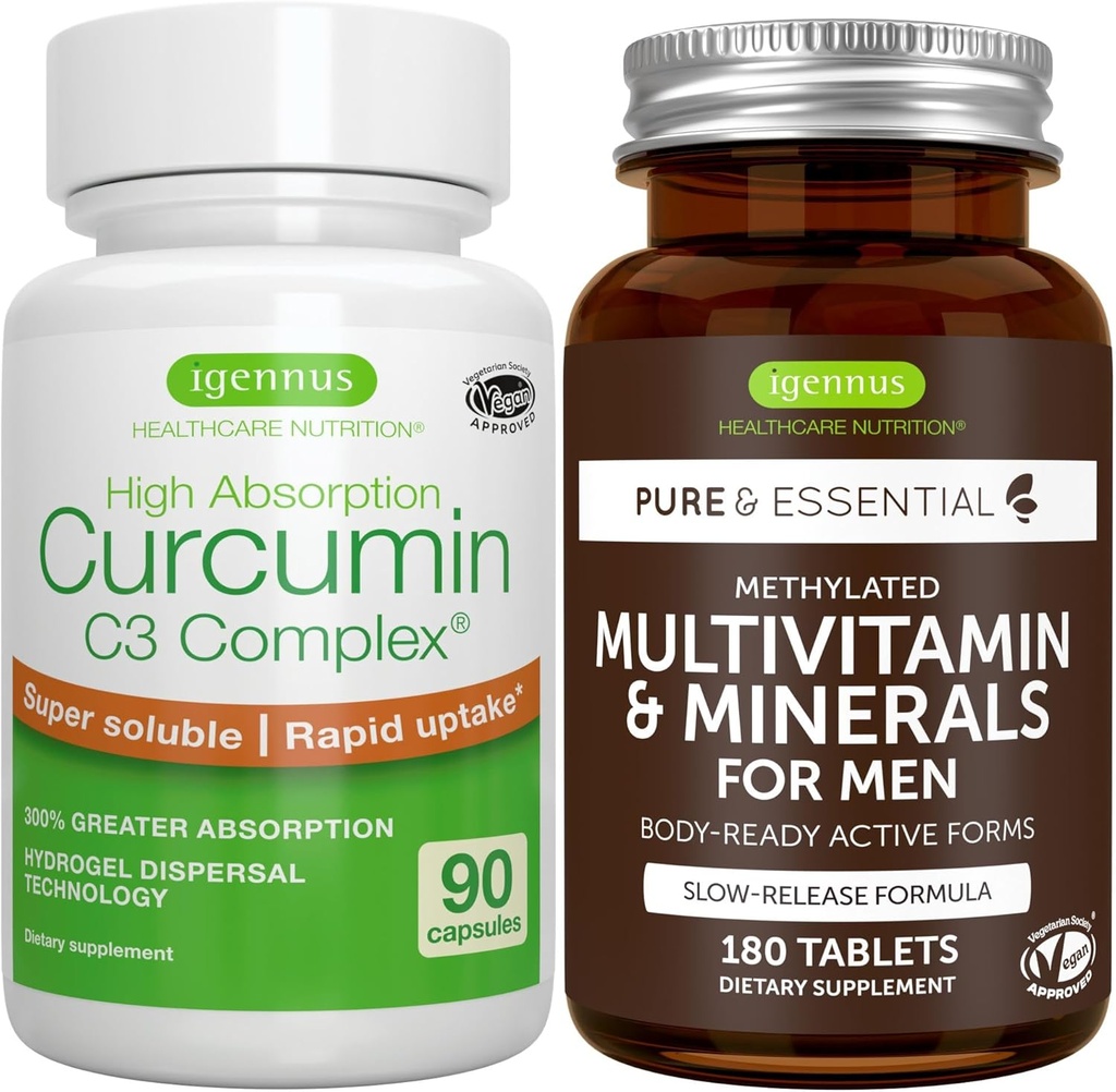 Multivitamínico &amp; Minerales para Hombres + Complejo de Curcumina de Alta Absorción C3, Bundle Vegan, Sostened Release Advanced Multivitamin + 300% Mayor Absorption Curcuminoids with Rapid Uptake, by Igennus