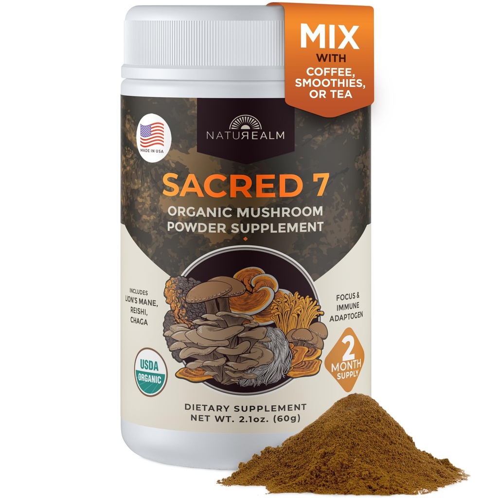 Naturealm Sagrado 7 Suplemento de Setas Orgánicas – 100% Afrutado Corporal Extracto Polvo con León Mane, Reishi, Chaga &amp; Más viv Nootropic &amp; Immune Soporte para Café, Té, Smoothies – 60 Actuaciones