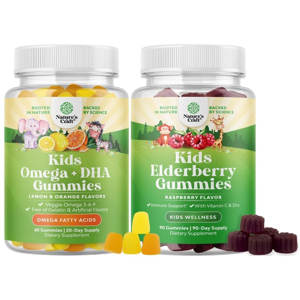 Bundle of Kids DHA Omega 3 Gummies - Fatty Acids Omega 3 6 9 for Brain Immune Strength & Vision - Nutritional DHA and Sambucus Elderberry Gummies for Kids Health - Zinc & Vitamin C for Immune Support