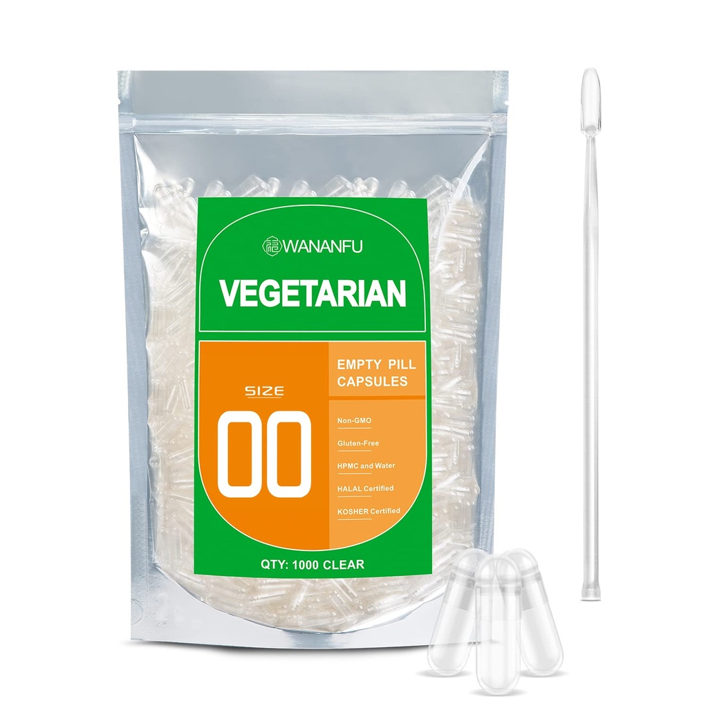 wananfu Tamaño 00 Empty Capsules Vegetarian (1000 Conde) Agrupar con Micro Lab Spoon, Limpiar las cápsulas de la píldora Fillable 00 para hacer sus propios suplementos