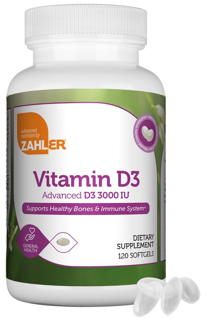 Zahler - Advanced Vitamin D3 3000 IU Softgels (120 Conde) Kosher Vegetarian Friendly Vitamin D for Immune Support, Bone, Teeth &amp; Muscle Health - Daily D3 Vitamin Supplement for Adults - Easy Swallow.