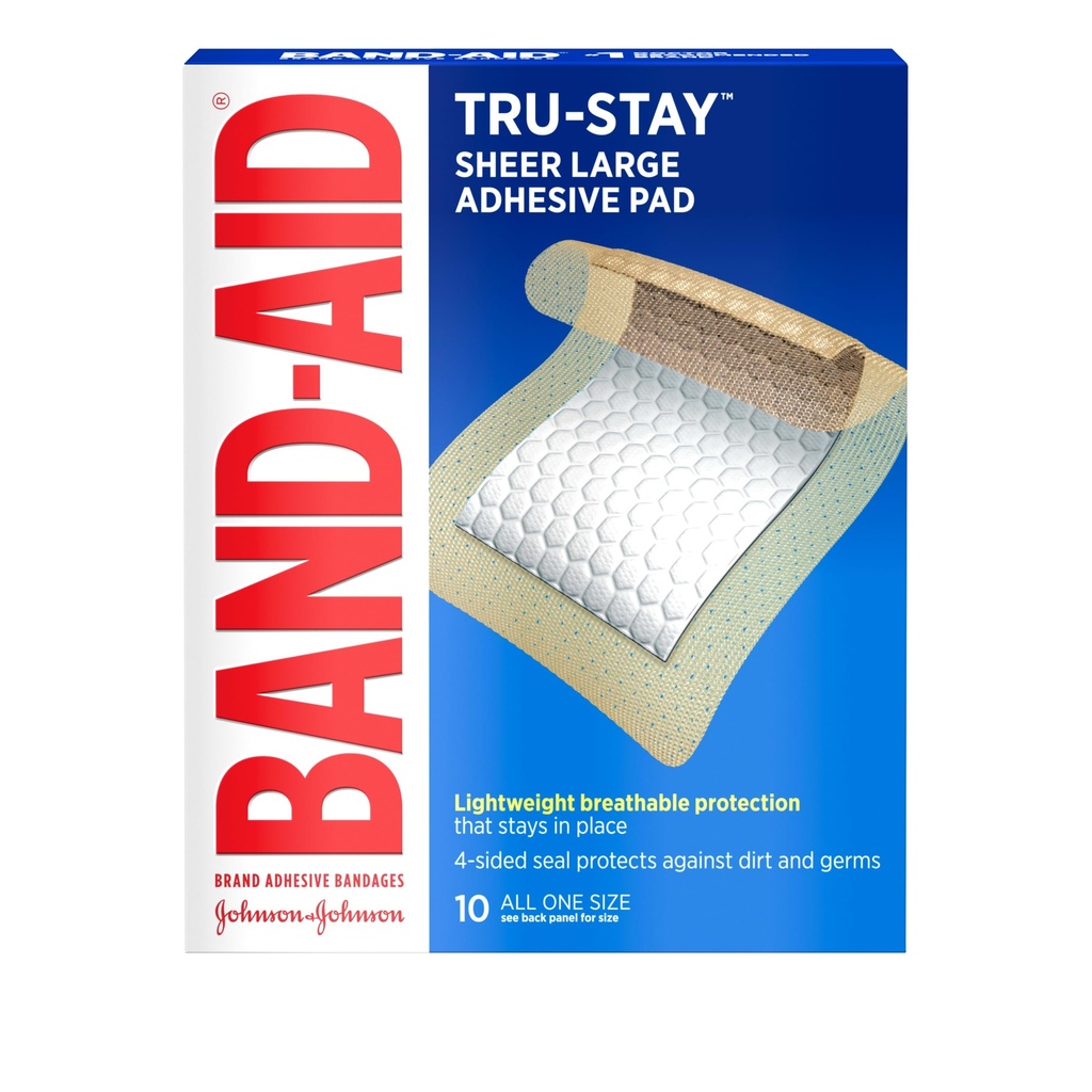BAND-AID Brand Tru-Stay Sheer Adhesive Pads, Large Size, 10 Count | Lightweight Breathable Protection, Sterile Wound Care for Minor Cuts & Scrapes, First Aid Kit Essential, Dependable Bandages