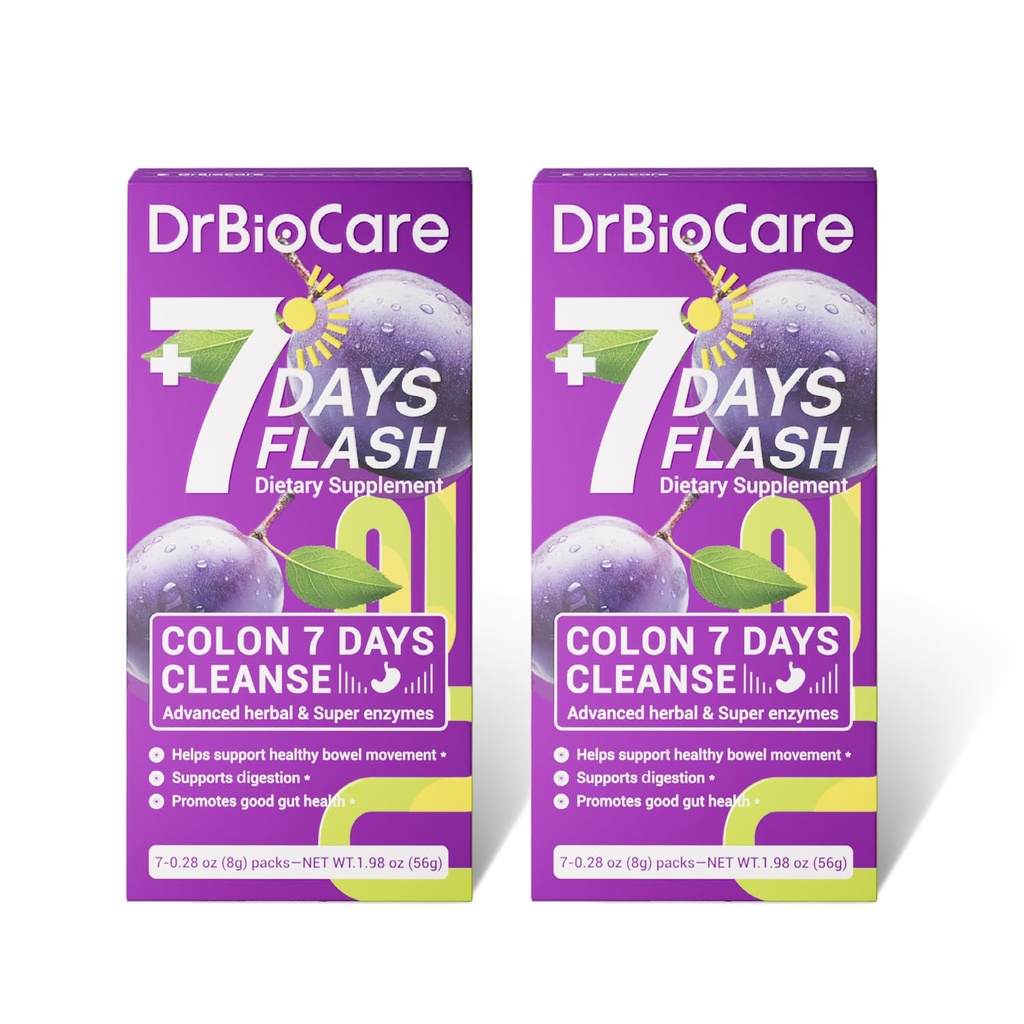 DrBioCare Colon 7 Days Cleanse, 7 Days Flash, Colon Cleanse, Detox &amp; Digestive Support, Prune Flavor - 14 Packs