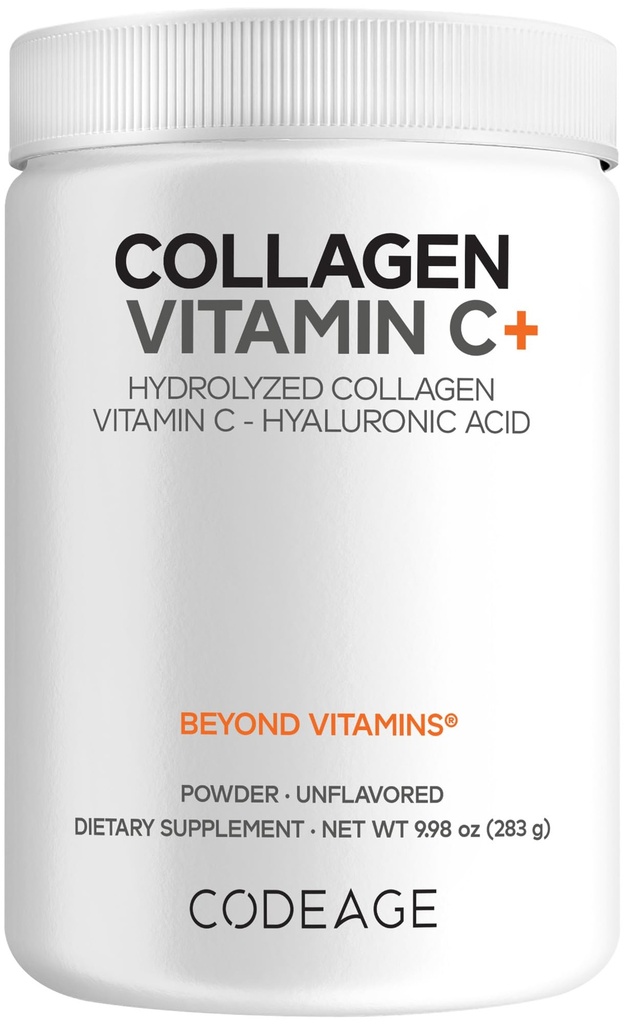 Collagen Peptides de Codeage Powder + Vitamina C - 20g Colágeno de Grass por Serving - Enzimas digestivas, Ácido hialurónico, 18 Aminoácidos - Proteína de Collagen hidrolizado - No GMO, Desflavorado - 9.98 oz