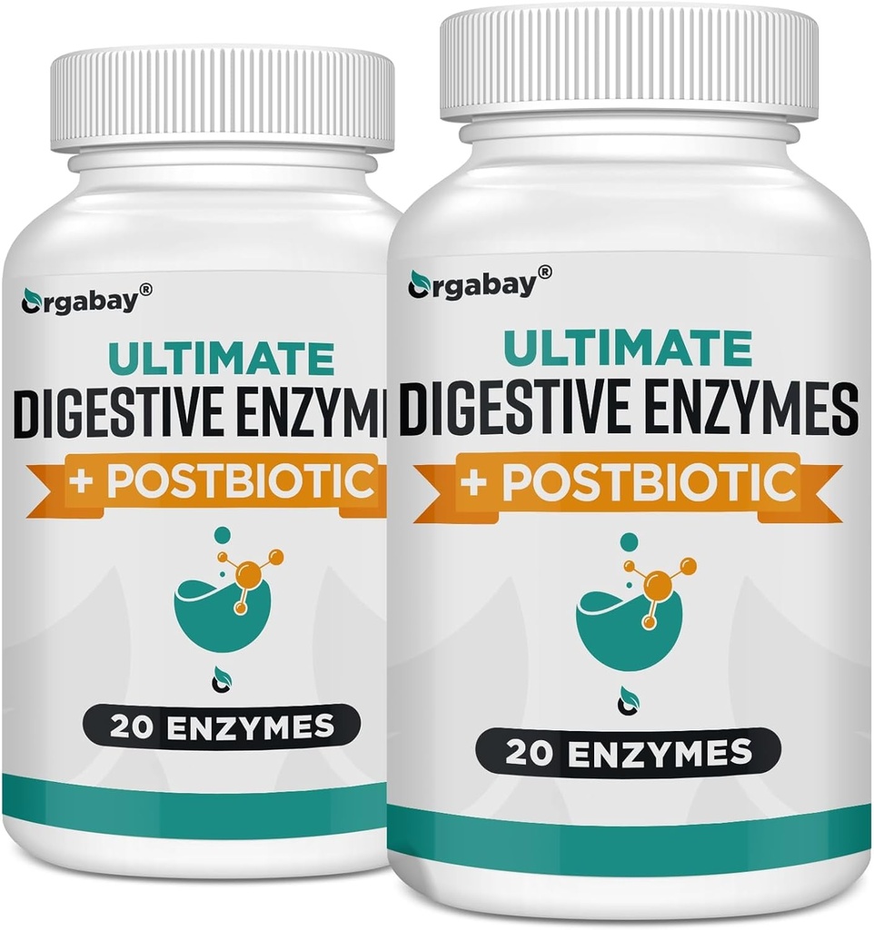 Orgabay Digestive Enzymes 1000mg con Postbióticos, 20 Enzyme Blend for Bloating, Optimal Digestion and Gut Function, 120 Veggie Capsules